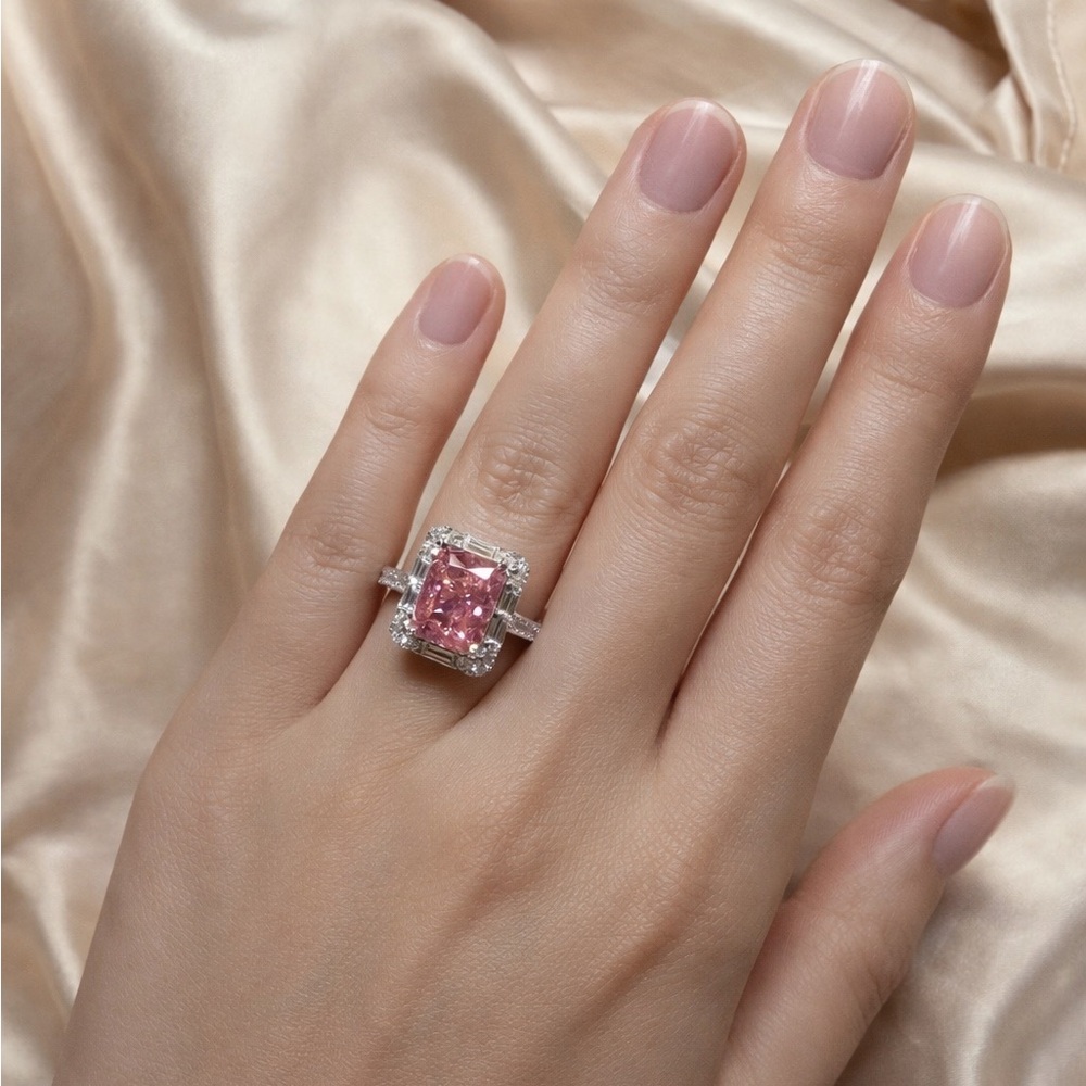 Cushion Cut Pink Zircon Statement Ring with Halo S925 Silver Engagement Rings